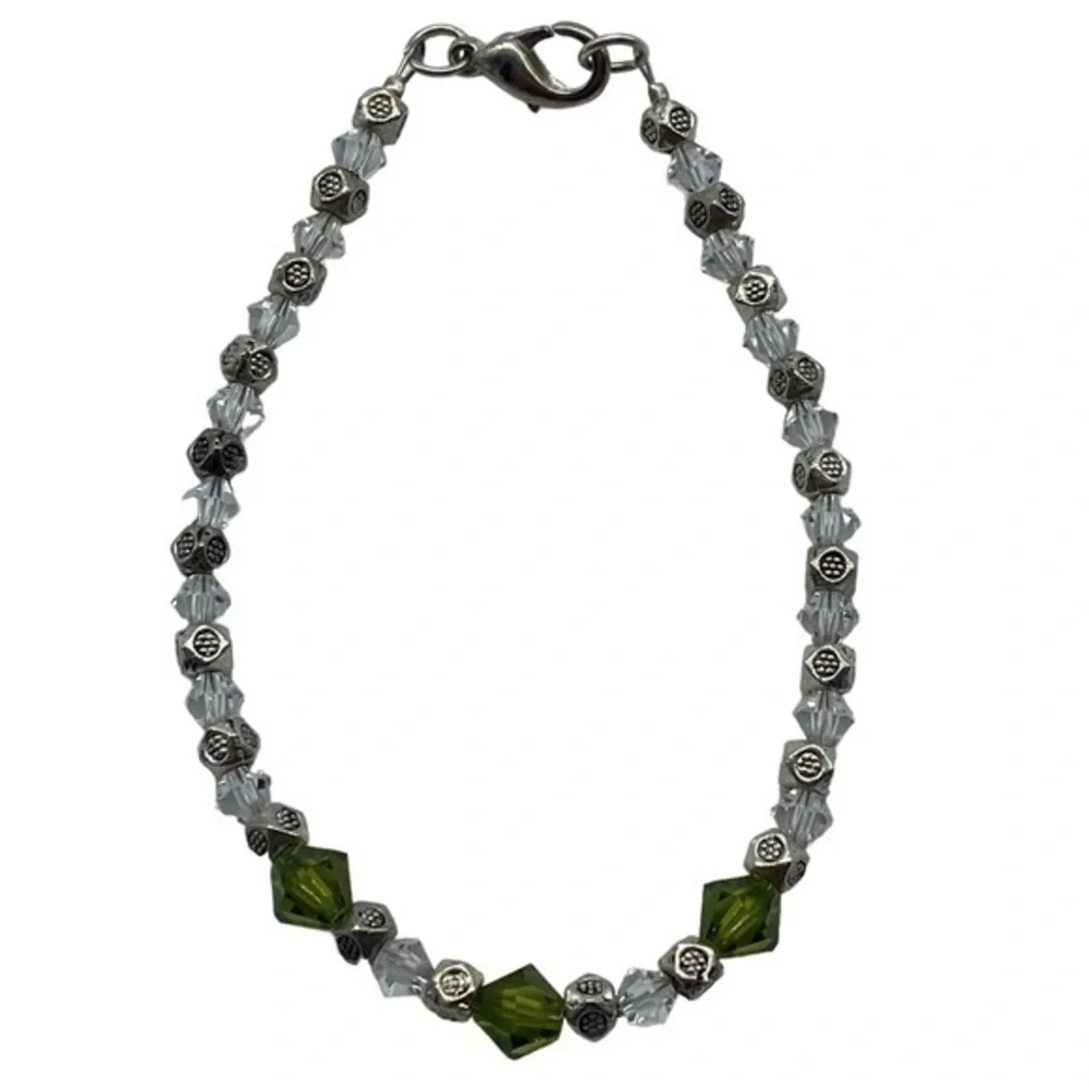 Swarovski Crystal Moss Green and Clear Bead Handmade Bracelet With Lobster Clasp